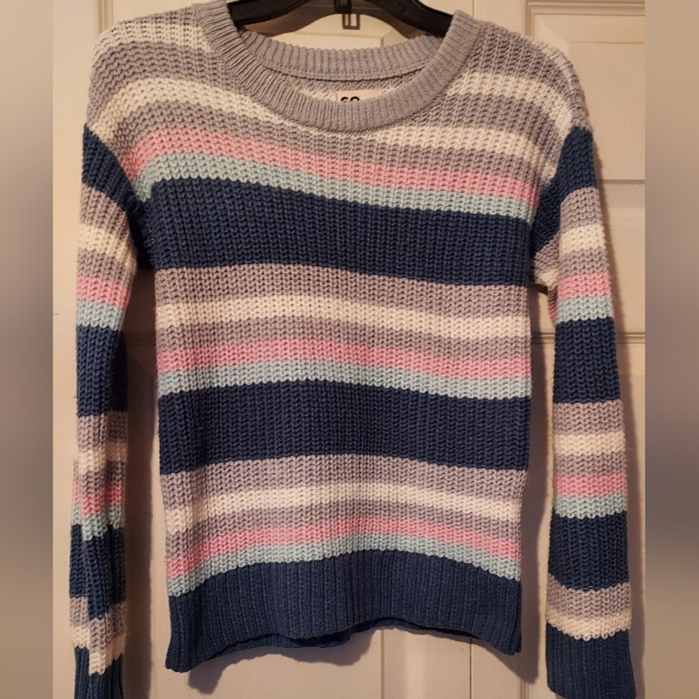SO Striped Chunky Knit Sweater Girls Size L 10-12 Long Sleeve Gray Pink Mint